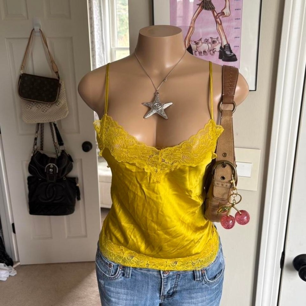 y2k 2000s express yellow lace trim cami tank top